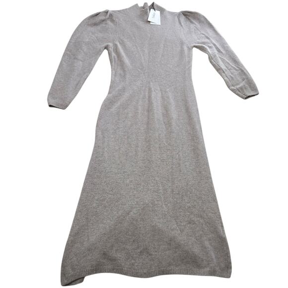 ba&sh Felicity Beige Wool Blend Knit Puff Sleeve Midi Sweater Dress Size Large - Picture 2 of 14